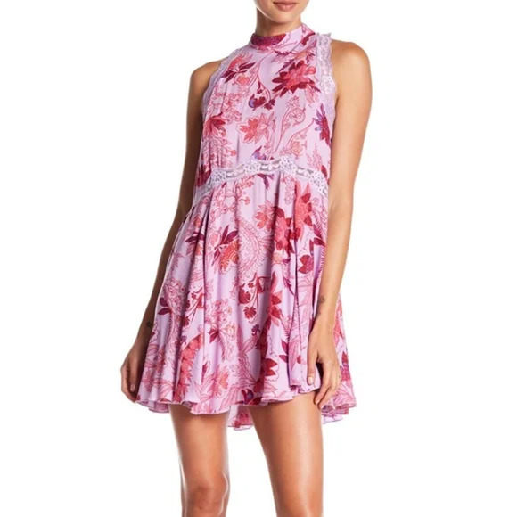 Free People Mini Dress Medium Purple Pink Floral She Moves Sleeveless Tunic - Picture 13 of 13